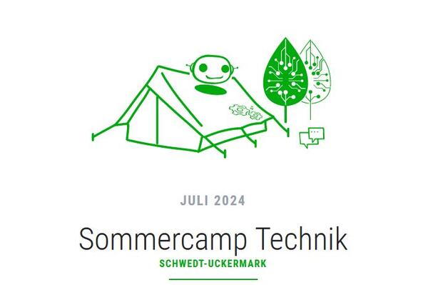 Bild vergrößern: Zeichung: Ein Zelt und zwei Bäume, darunter Beschriftung: Juli 2024, Sommercamp Technik, Schwedt-Uckermark