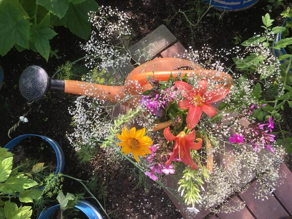 Bild vergr&ouml;&szlig;ern: Eine Gie�kanne mit bunten Blumen